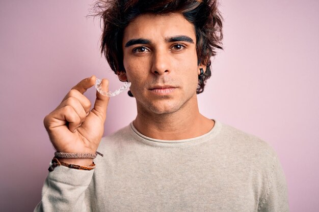 Young handsome man holding aligner standing over isolated pink background with a confident expression on smart face thinking serious