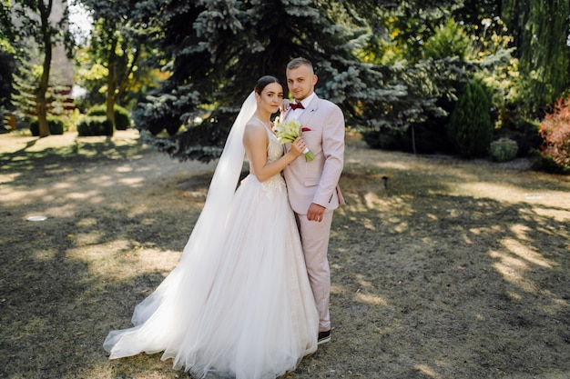 Young Happy wedding couple. Caucasian bride and groom embracing