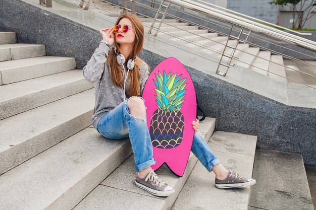 Young hipster woman in street with balance board wearing sweater and jeans