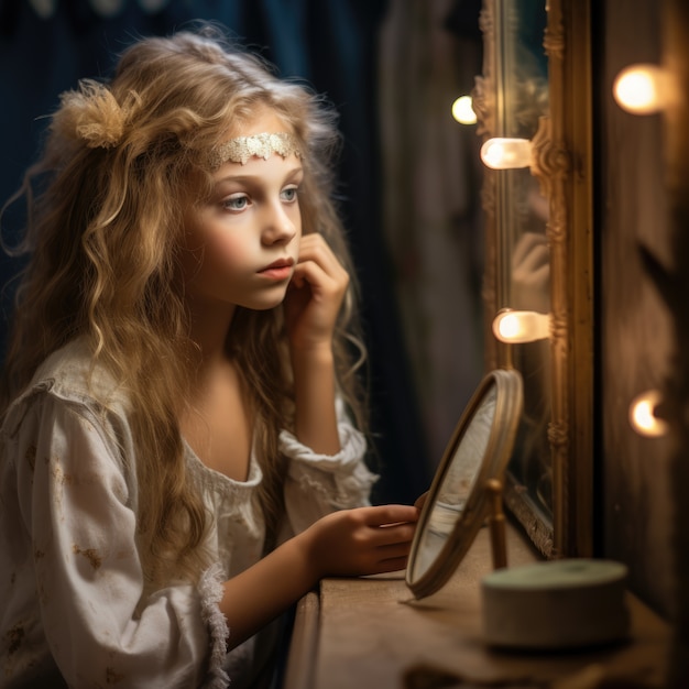 Free Photo young kid putting on make-up to perform a play on theatre stage