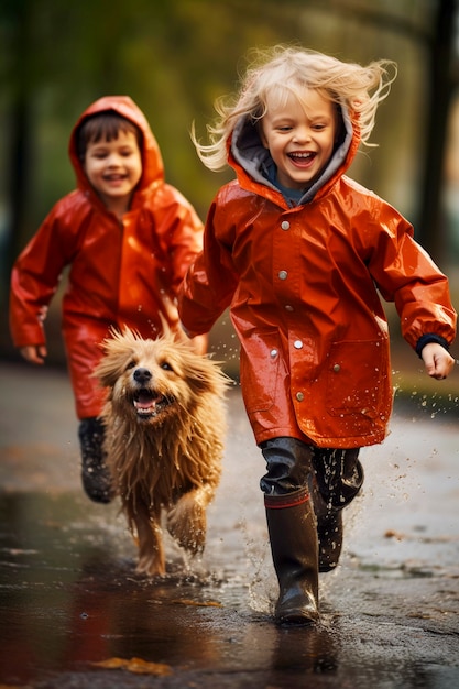 Free photo young kids enjoying childhood happiness by playing in the puddle of water after rain