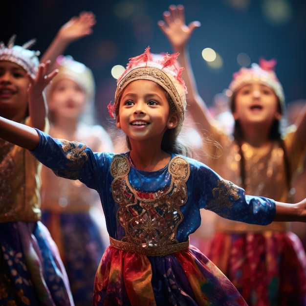 Free Photo young kids performing a play on theatre stage to celebrate world theatre day