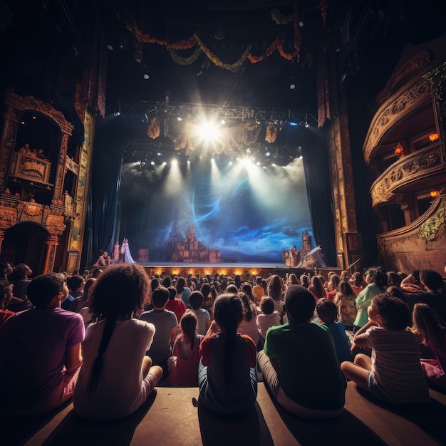 Free photo young kids performing a play on theatre stage to celebrate world theatre day