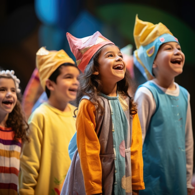 Free Photo young kids performing a play on theatre stage to celebrate world theatre day