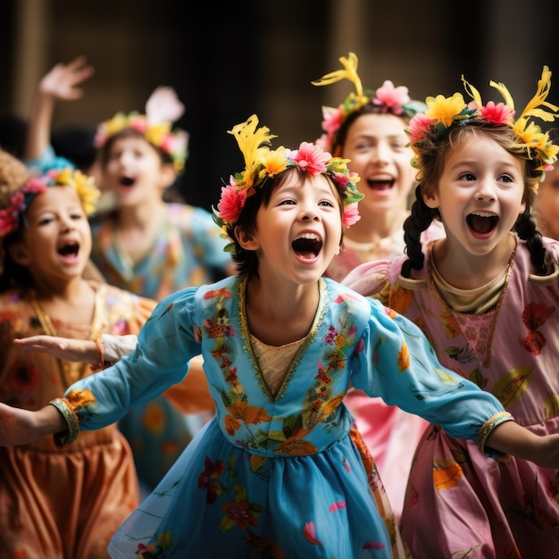 Free photo young kids performing a play on theatre stage to celebrate world theatre day