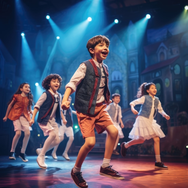 Free photo young kids performing a play on theatre stage to celebrate world theatre day