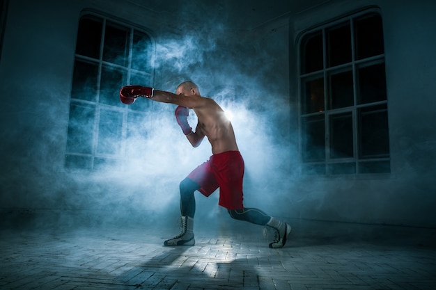 Free Photo the young male athlete kickboxing on a of blue smoke