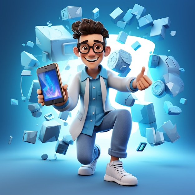 Free photo young man cartoon character with phone