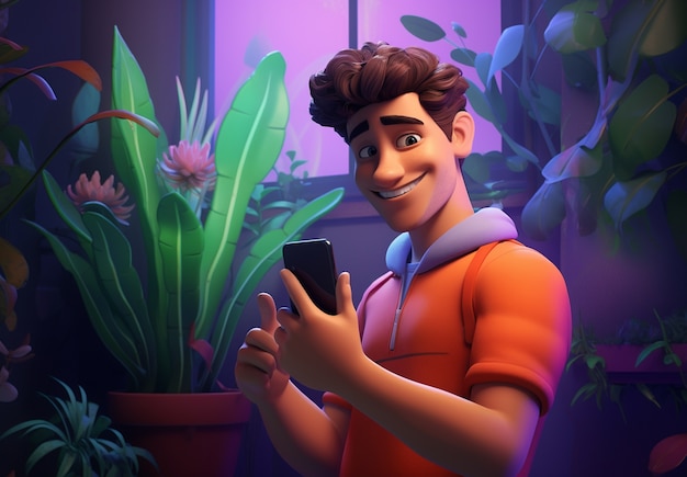 Young man cartoon character with phone