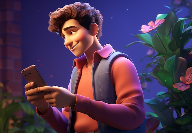 Free Photo young man cartoon character with phone