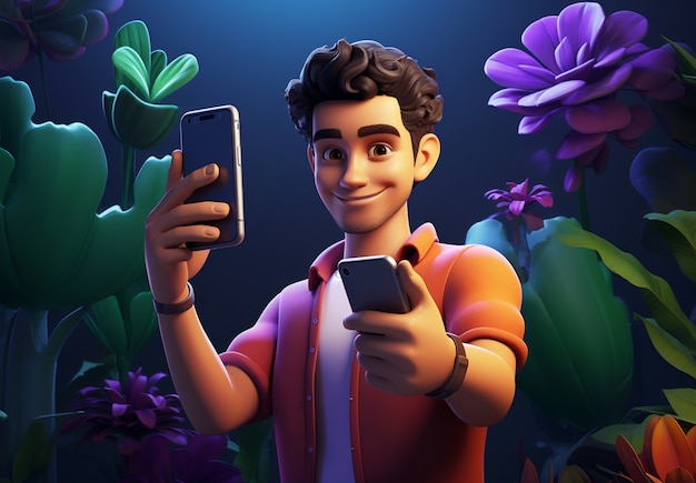 Young man cartoon character with phone