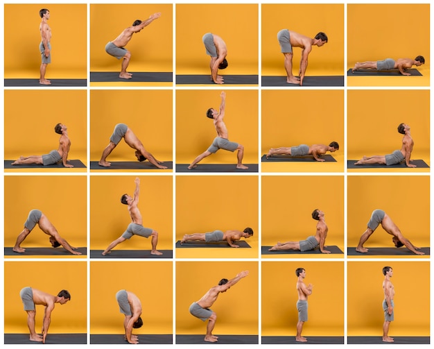 Free Photo young man doing yoga poses collage