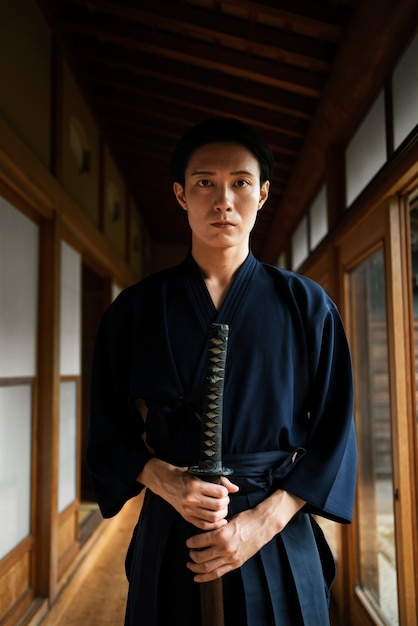 Free Photo young man holding sword front view