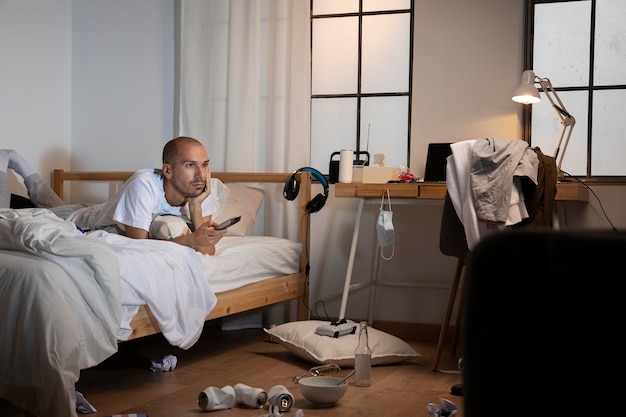 Young man in  isolation at home