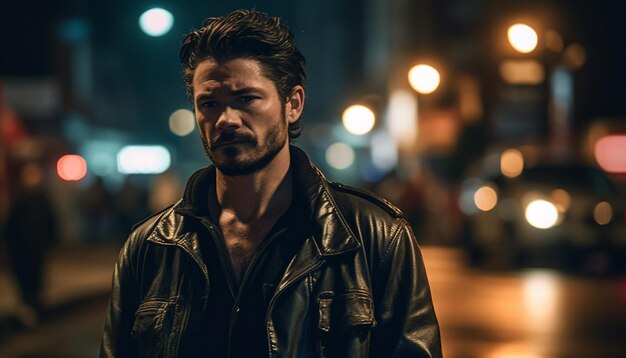 Young man in leather jacket enjoys nightlife generated by AI