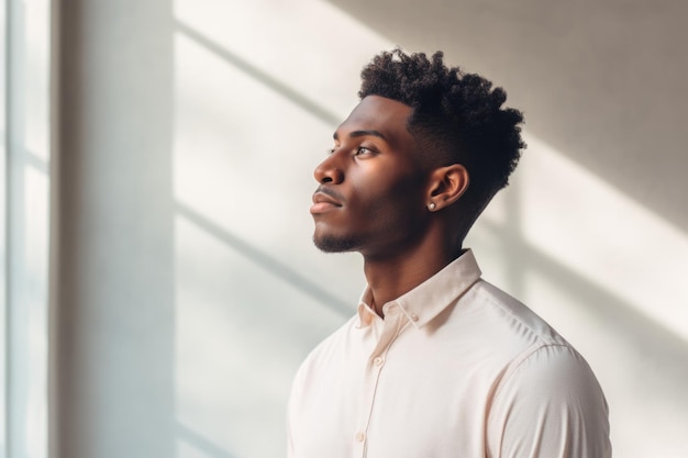 young man thinking with pensive expression against wall background ai generated