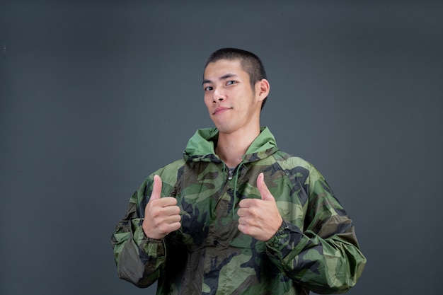 The young man wears a camouflage raincoat and shows different gestures. 