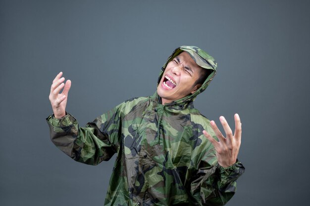 The young man wears a camouflage raincoat and shows different gestures. 