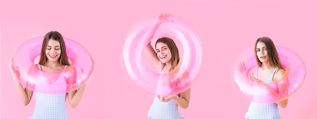 Young model with inflatable ring in different poses