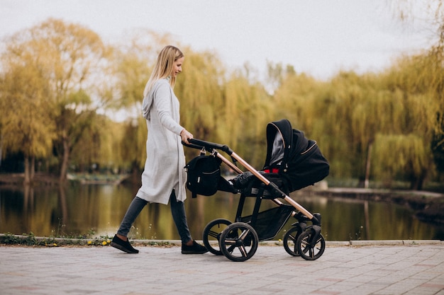 Young mother walking with baby carriage in park