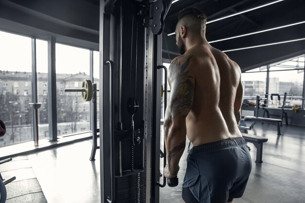 Young muscular athlete practicing in gym with the weights