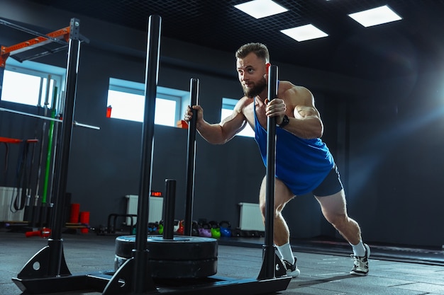 Young muscular athlete training in gym, doing strength exercises, practicing