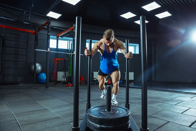 Young muscular athlete training in gym, doing strength exercises