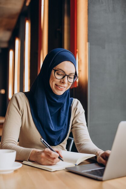 Young nuslim woman working online on computer in a cafe