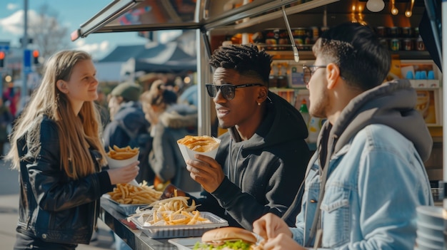 Free Photo young people enjoying street food