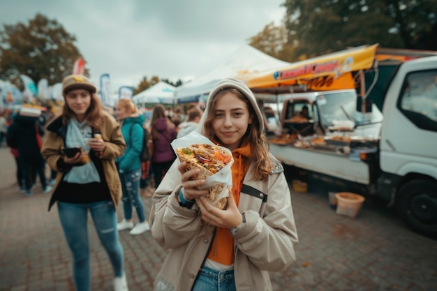 Free Photo young people enjoying street food