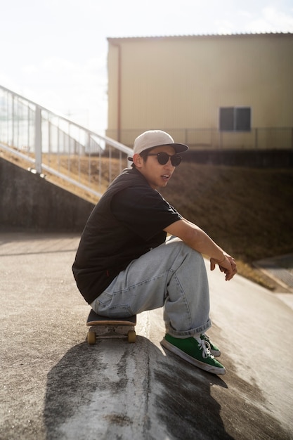 Free Photo young people skateboarding in japan