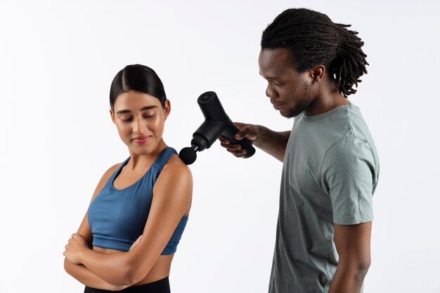 Young people using message gun