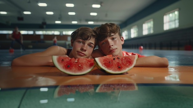 Young people with fresh watermelon