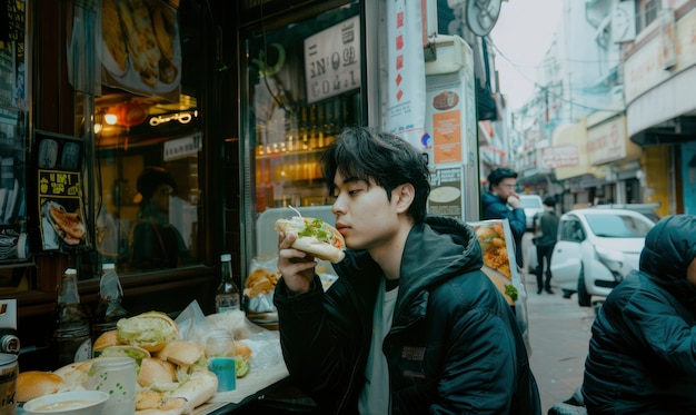 Young person enjoying street food