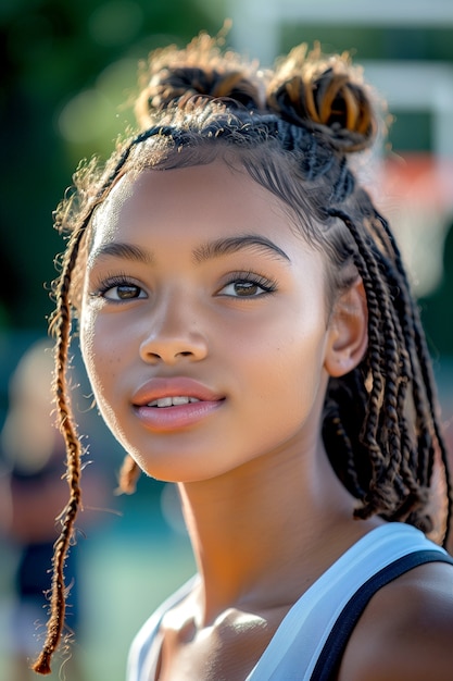 Free photo young person portrait in photorealistic style with braids