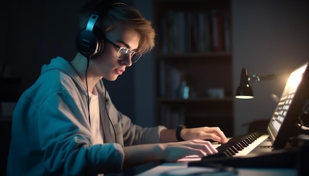 Young pianist practicing with headphones in studio generated by AI