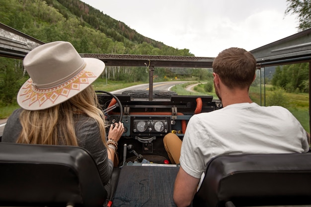 Young rural travellers driving through the country side