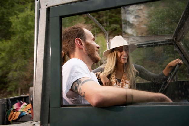 Young rural travellers driving through the country side