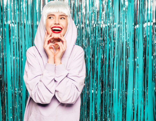 Free photo young sexy smiling hipster girl in white wig and red lips.beautiful trendy woman in summer clothes. going crazy