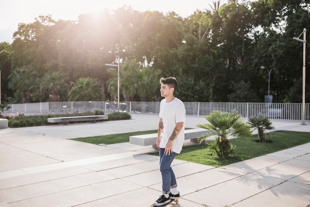 Young skater enjoying on skateboard in park