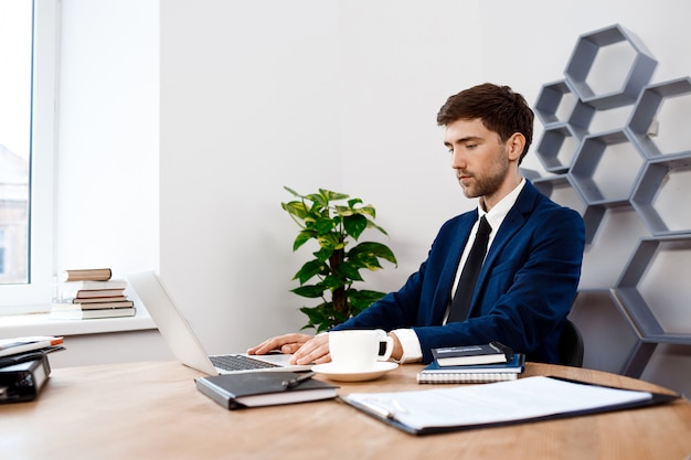 Young successful businessman sitting at laptop, office background.