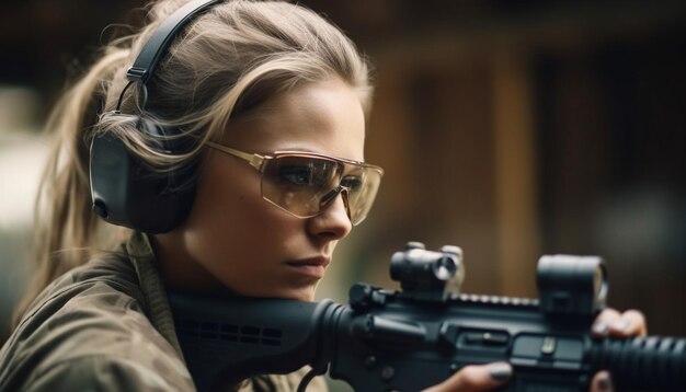 Young woman aiming rifle with protective eyewear generated by AI