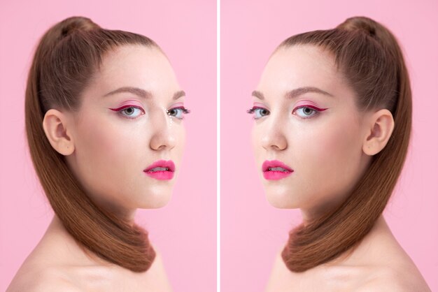 Young woman before and after rhinoplasty  side view