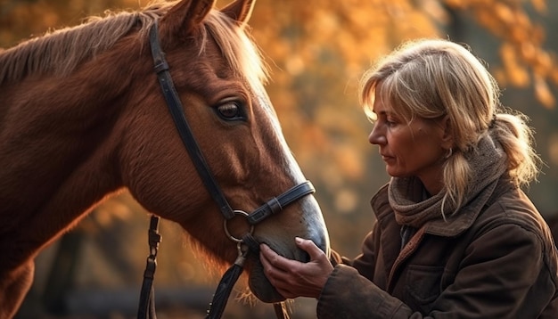 Young woman bonding with affectionate stallion outdoors generated by AI