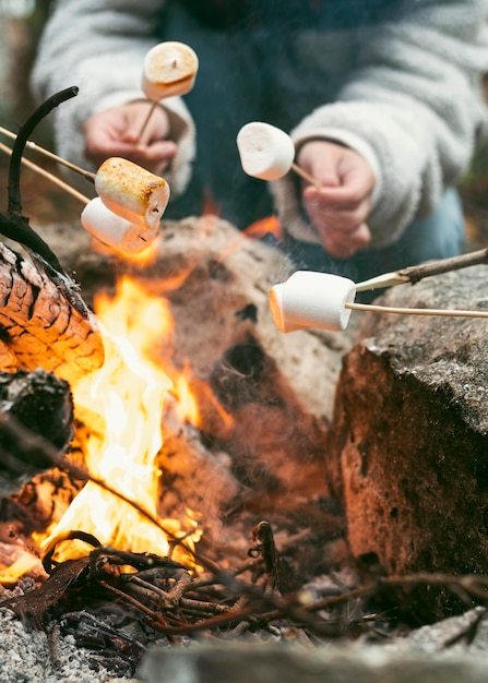 Free photo young woman burning marshmallows in camp fire