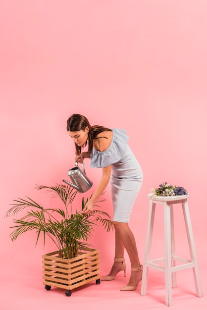 Young woman in dress watering green plant in pot