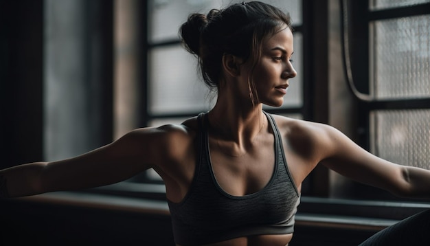 Young woman exercising in gym stretching confidently generated by AI