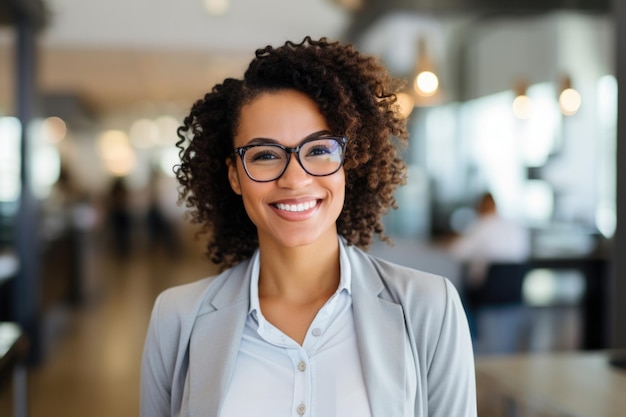 young woman happy expression in a modern minimalist company ai generated