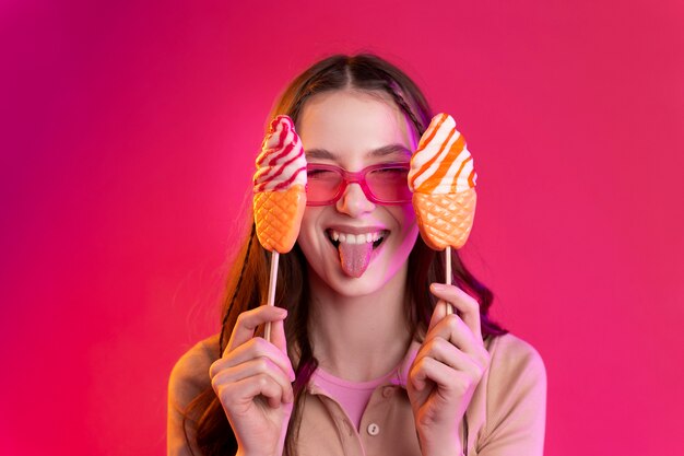 Young woman having fun at pop party