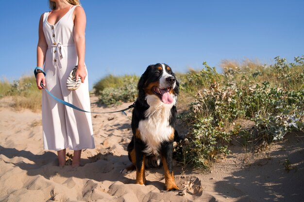 Young woman having fun with  dog at the beach